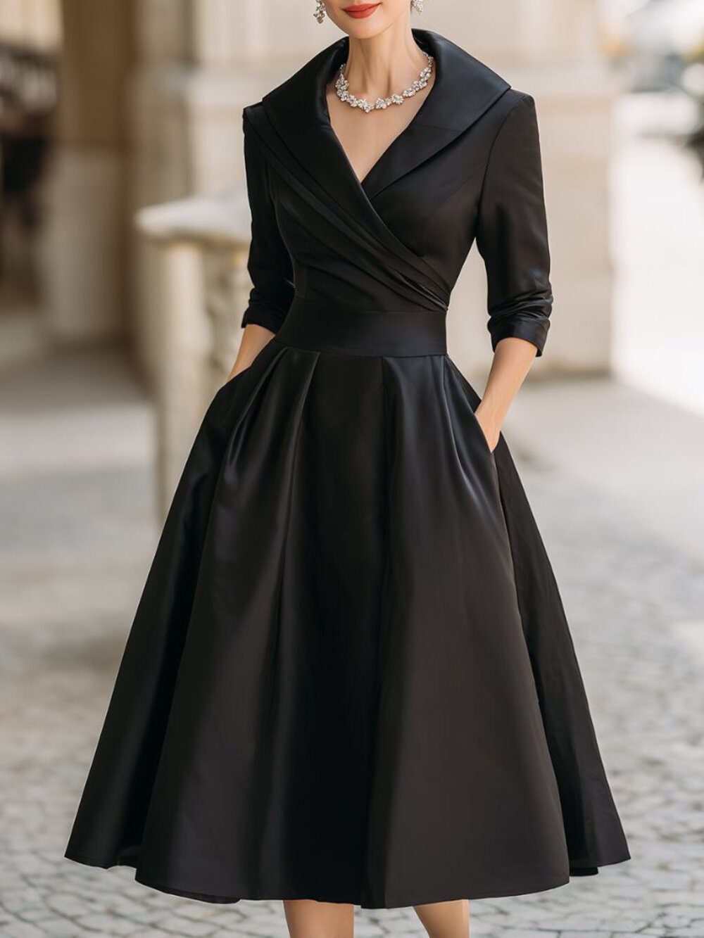 Mooyius Vintage-Inspired Satin Midi Dress With Draped Collar Black / M(8-10)